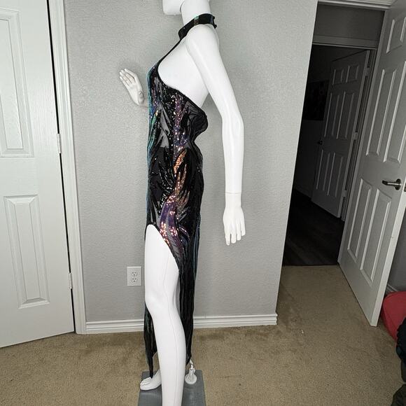 Fashion Nova Maxi Gown Rare Find Sequin Mesh Glam Mermaid Deco Siren Size L - Picture 3 of 9